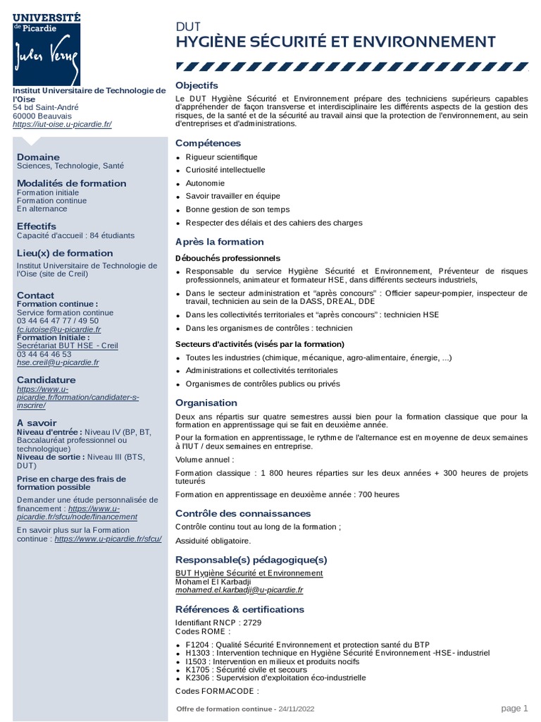 DUT Hygiène Sécurité et Environnement | PDF | Sécurité | Risque