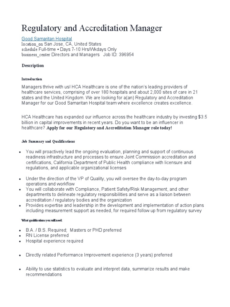 HCA Regulatory and Accreditation Manager Job Description PDF