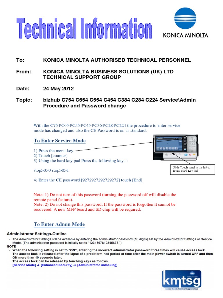 Bizhub C764 C654 C554 C454 C364 C284 C224 Service Mode Procedure and