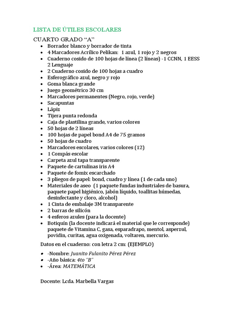 Lista de Útiles Cuarto Grado 2024 | PDF | Métodos y materiales de ...