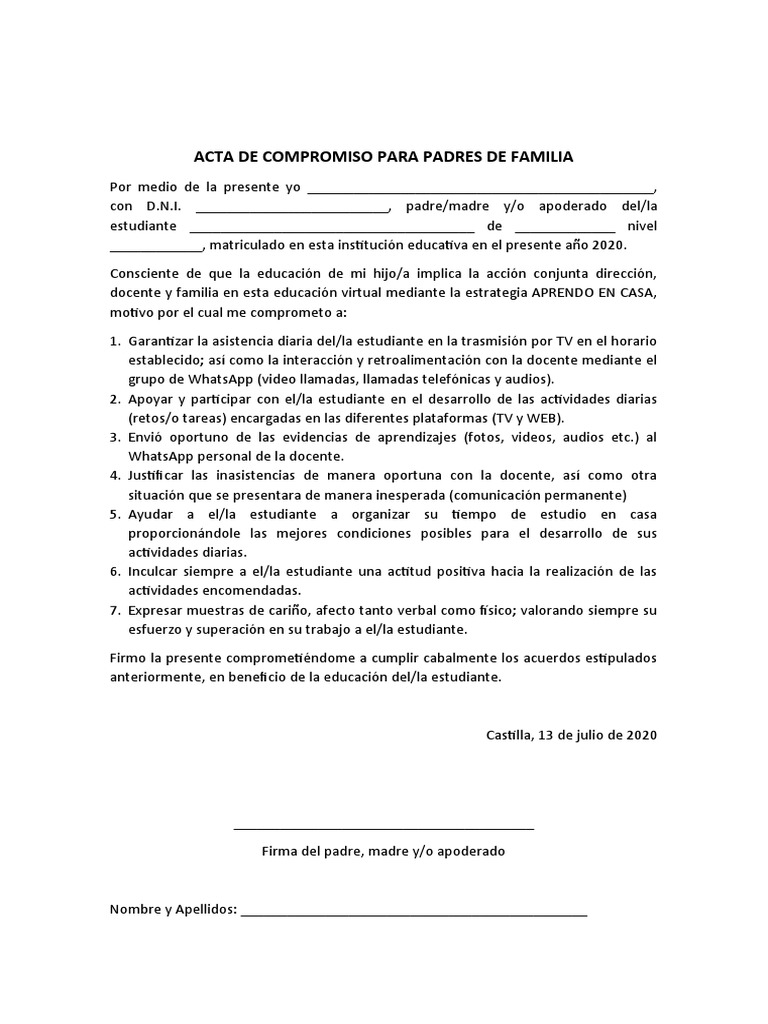 Acta de Compromiso para Padres de Familia | PDF