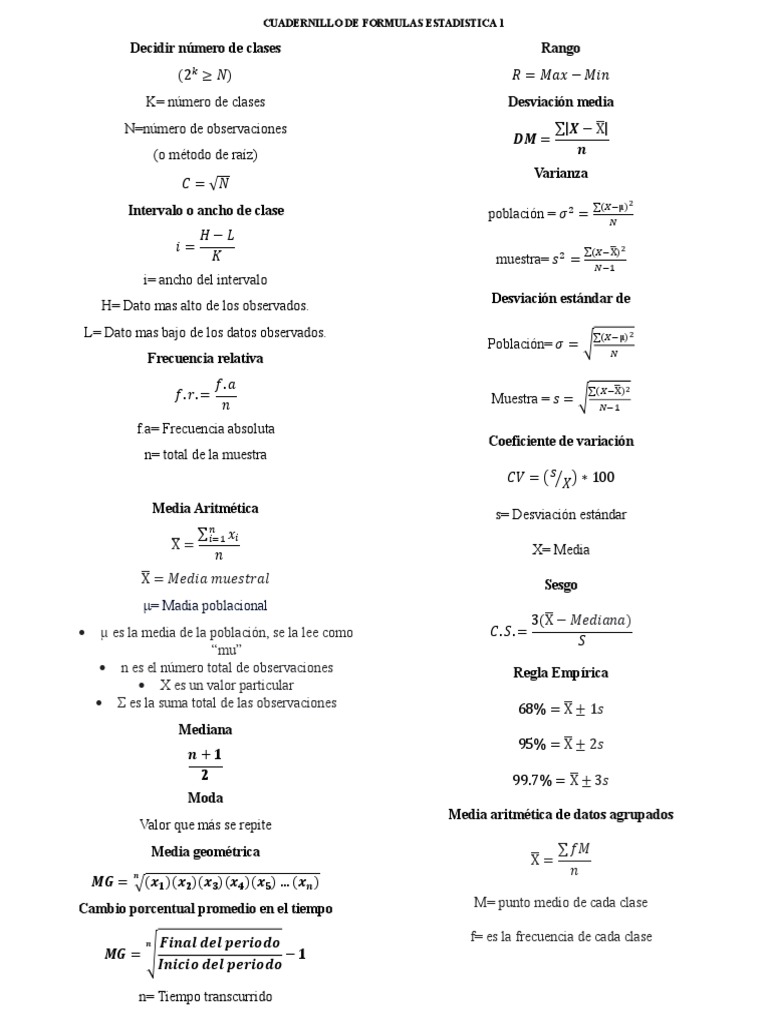 Fórmulas Clave de Estadística 1 | PDF | Desviación Estándar | Media