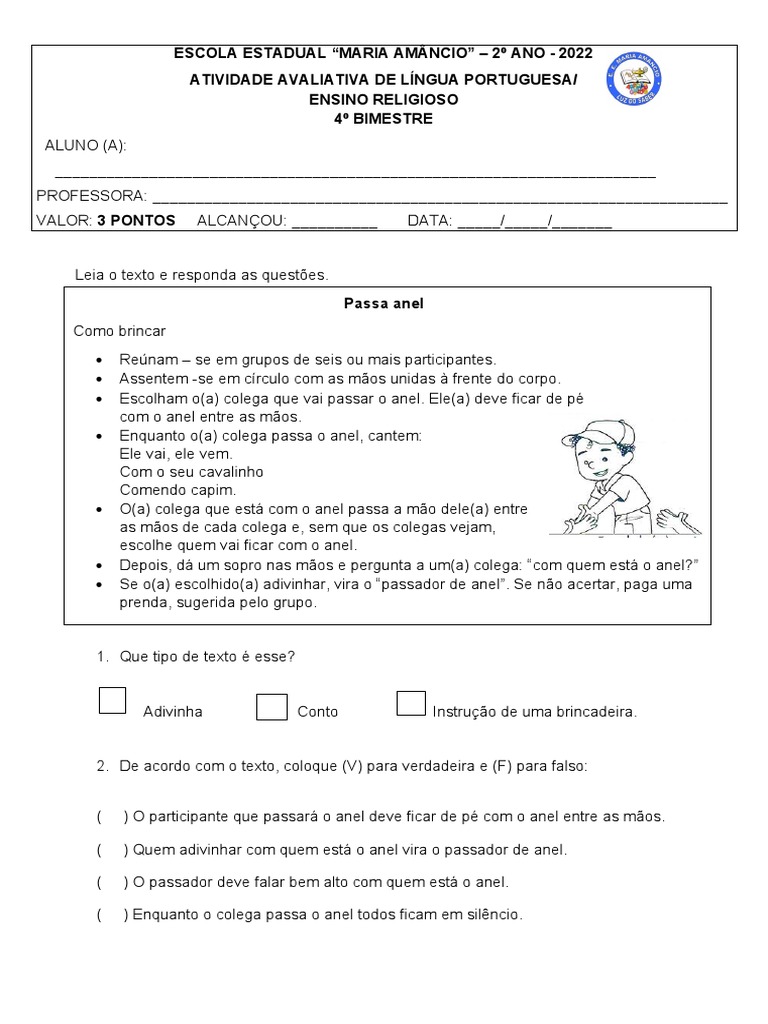 Atividade Avaliativa: Brincadeira do Anel | PDF | Carreira e ...