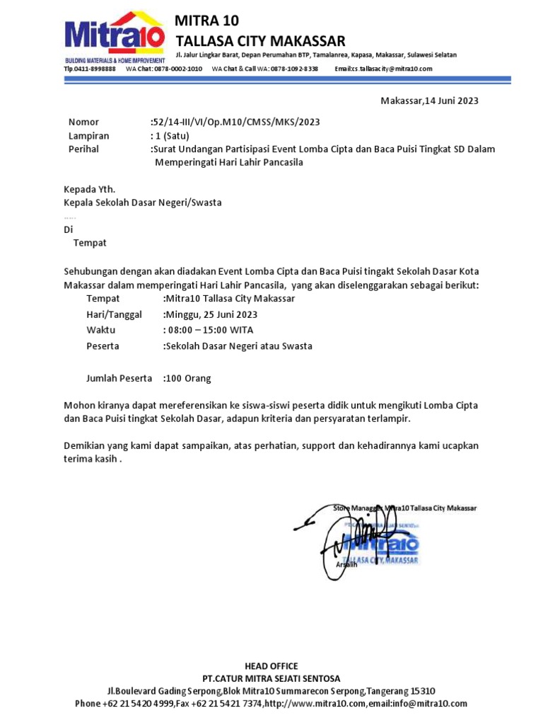 Surat Undangan Peserta Lomba To Sekolah Dasar | PDF
