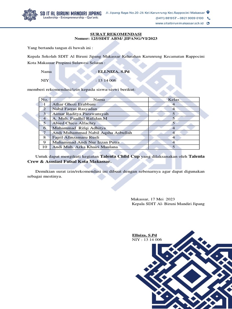125 - Surat Izin Siswa Mengikuti Kegiatan Talenta Child Cup (Futsal) | PDF