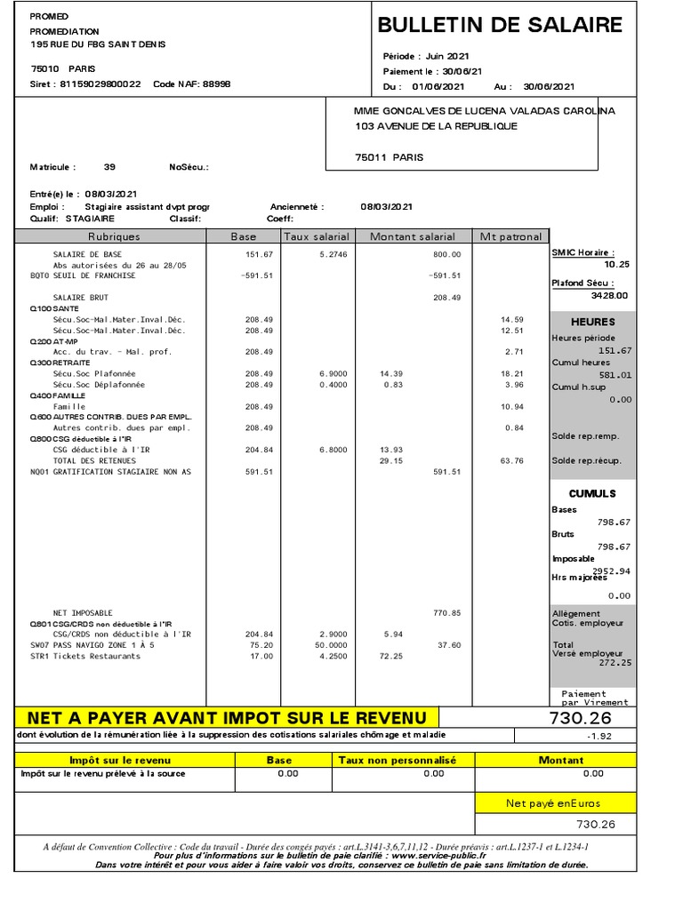 Bulletin de salaire de Carolina Valadas | PDF | Impôt sur le revenu ...