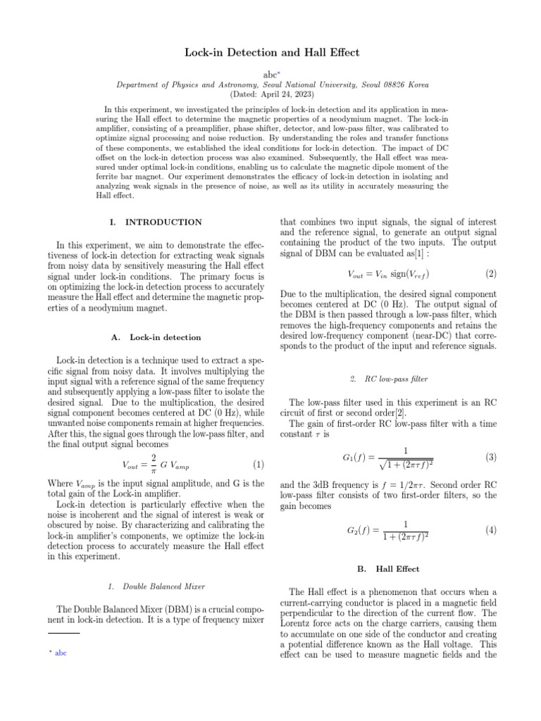 Lock-in Detection for Hall Effect Measurement | PDF | Signal To Noise ...
