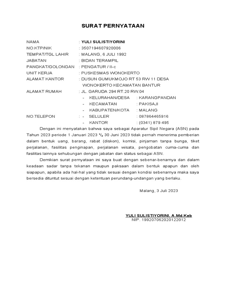 SURAT PERNYATAAN GRATIFIKASI Endang Budi Rahayu | PDF