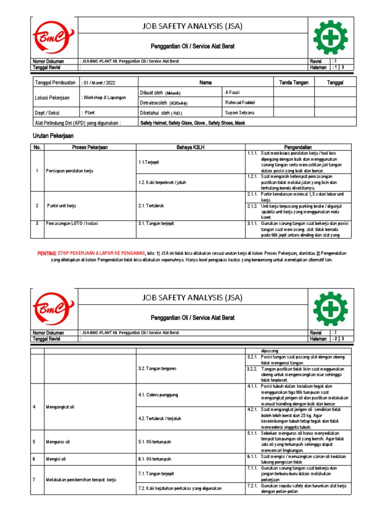 JSA Penggantian Oli Alat Berat | PDF