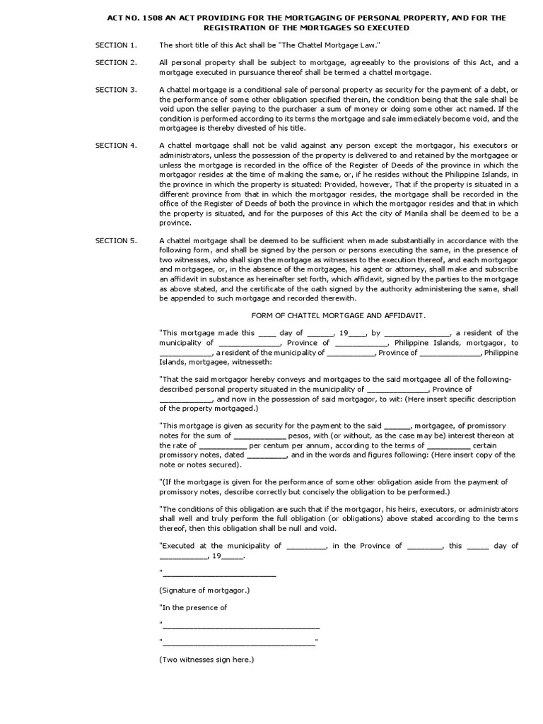 Chattel Mortgage Law PDF Mortgage Law Foreclosure