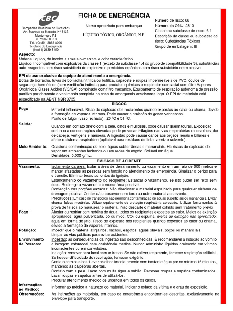 Ficha de Emergência: Líquido Tóxico ONU 2810 | PDF | Águas residuais ...