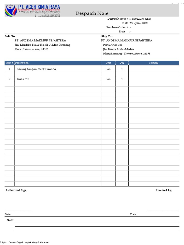 Despatch Note dan Kwitansi Pengiriman | PDF