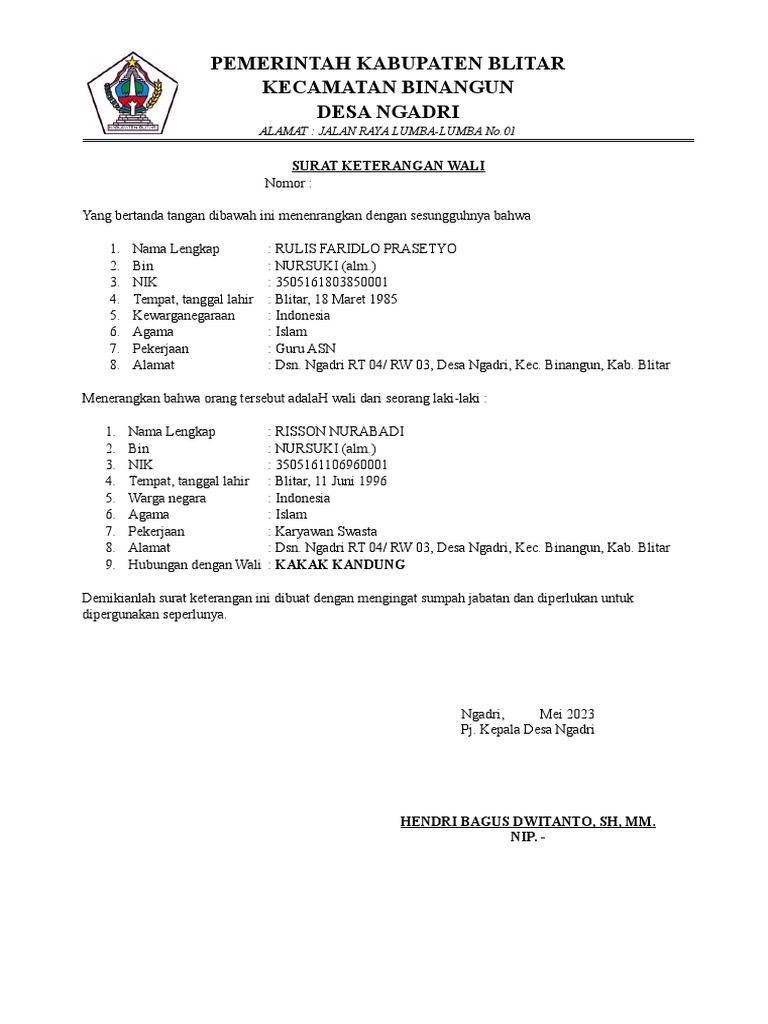Surat Keterangan Wali Rulist Faridlo | PDF