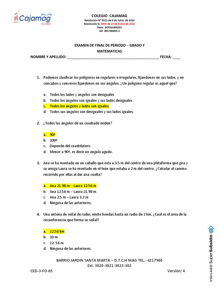 Examen de Matemáticas Grado 7 | PDF