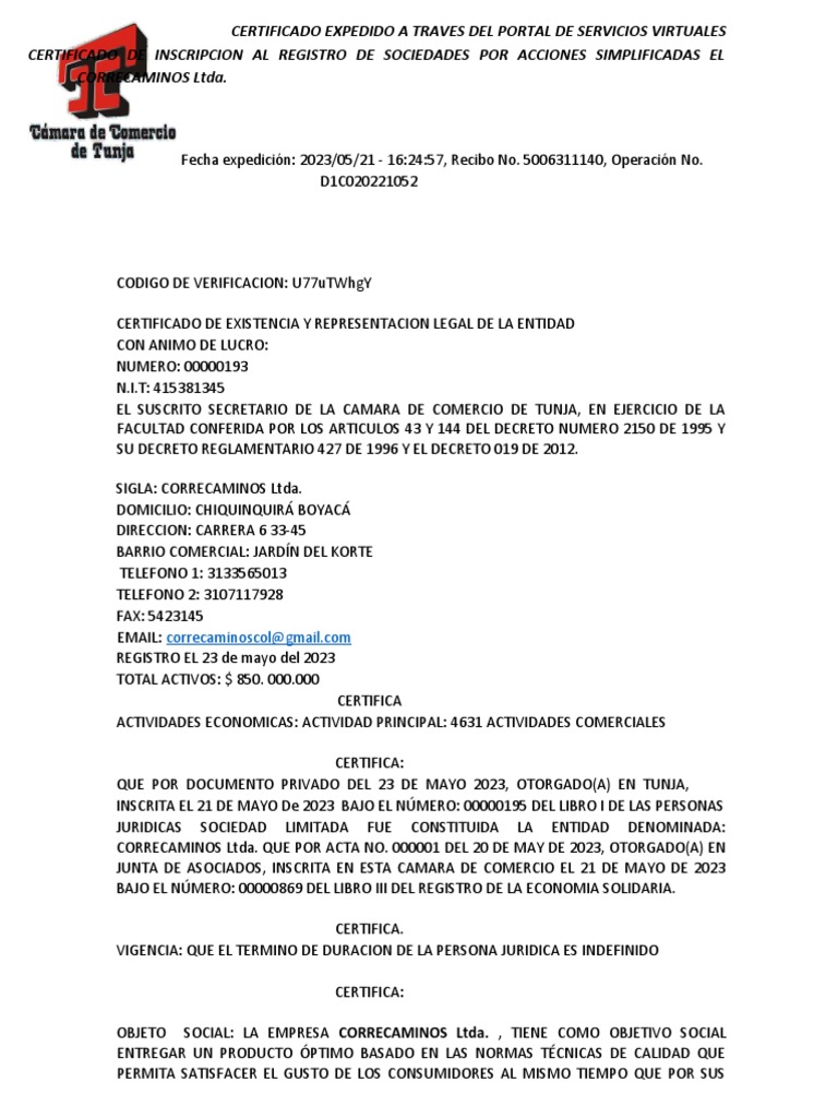 Certificado Cámara y Comercio | Descargar gratis PDF | Junta Directiva ...