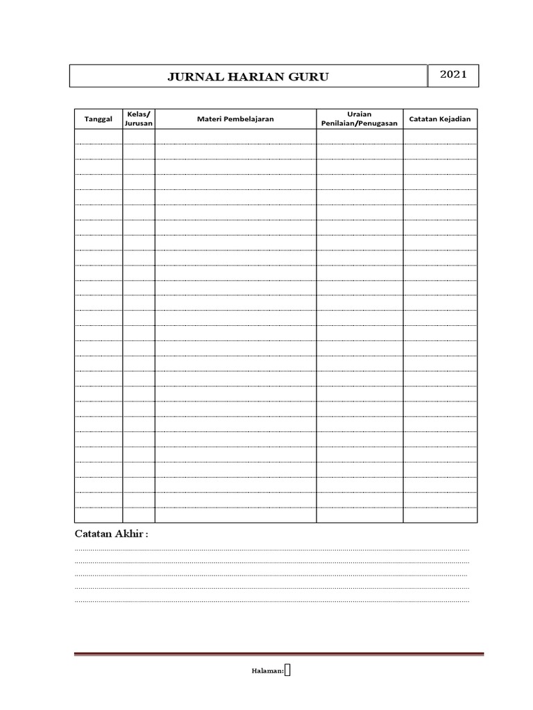 Format Jurnal Harian Guru 2021 | PDF