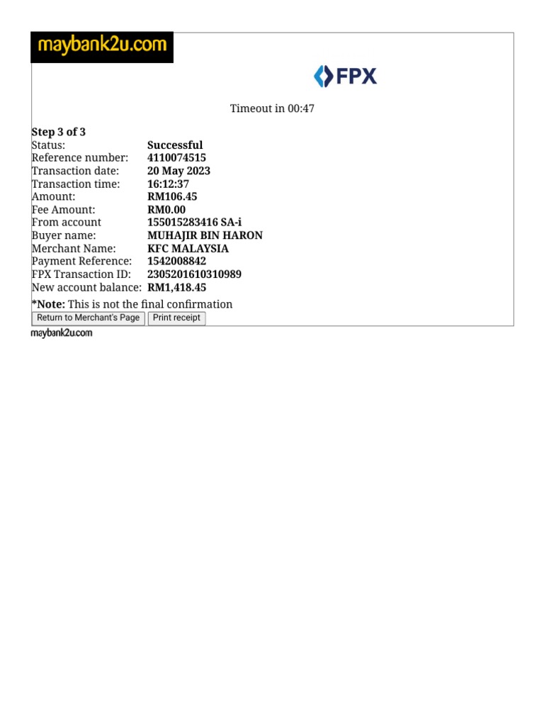 KFC Malaysia Payment Receipt | PDF