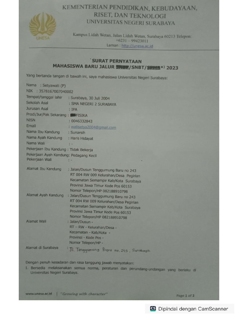 285 Surat Pernyataan Mahasiswa Baru. | PDF