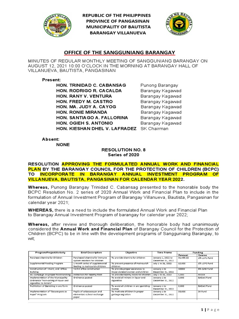 Resolution No. 8 SB Approval of Awfp | PDF | Philippines