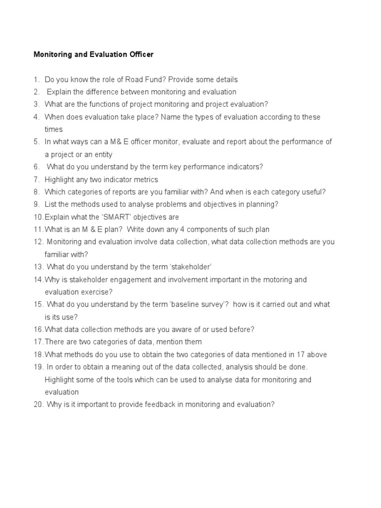 Monitoring And Evaluation Officer Questions Pdf