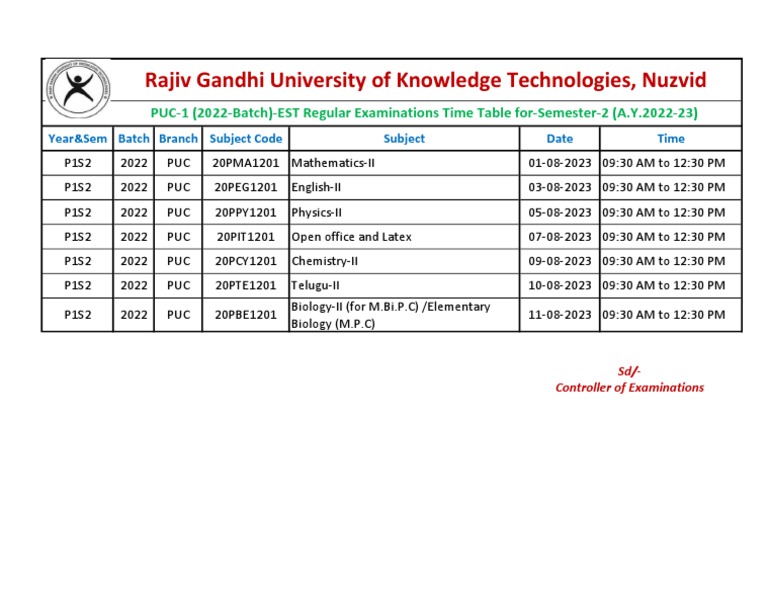 PUC1st Year (2022Batch) EST Regular Examinations Time Table ForSemester2 (A.y.202223) PDF