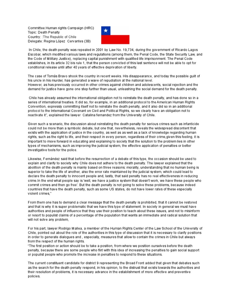 Position Paper Death Penalty CHILE PDF Capital Punishment Crimes