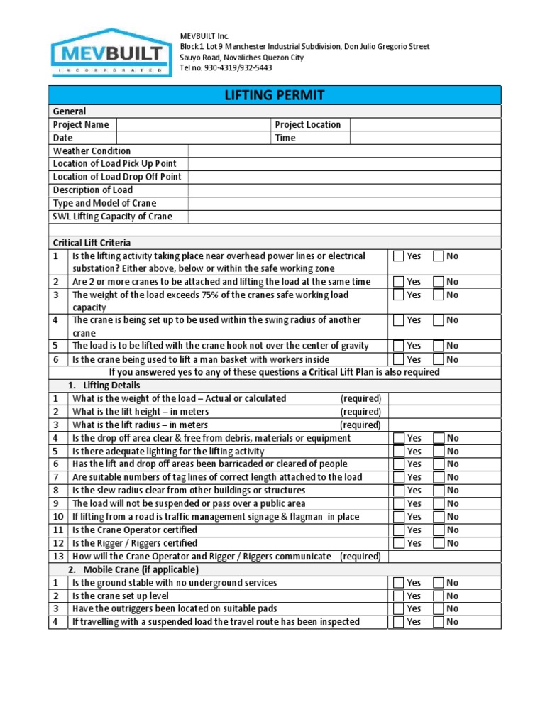 LIFTINGPERMIT Format PDF Crane (Machine)