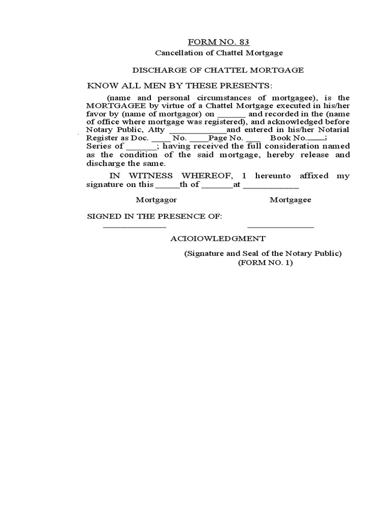 FORM NO. 83 Cancellation of Chattel Mortgage PDF