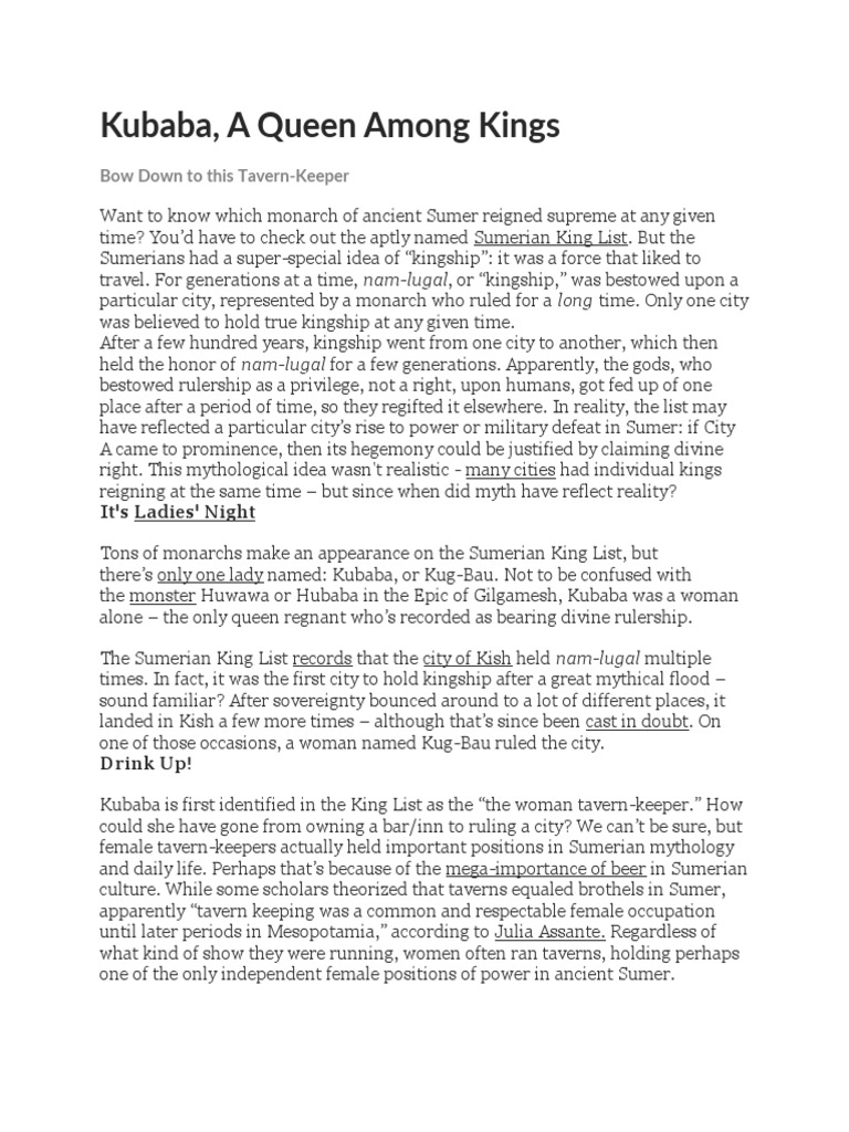 Kubaba: Sumer's First Queen Regnant | PDF | Sumer | Monarchy