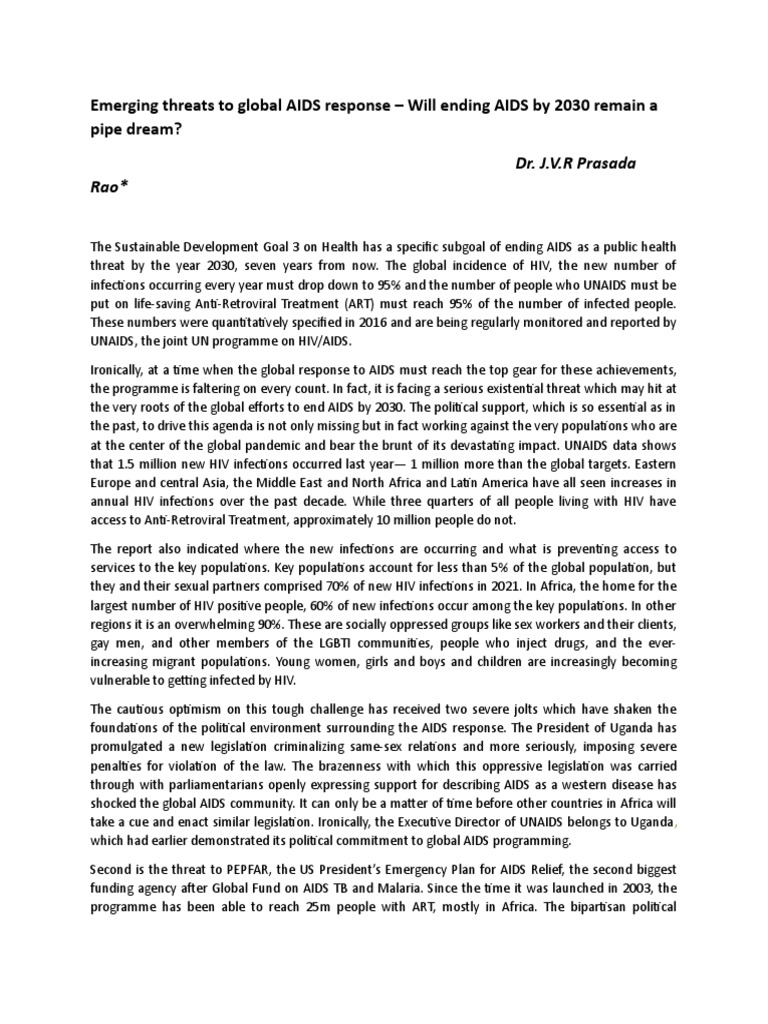 Dr j v r prasada rao global threat to aids programme pdf hiv aids