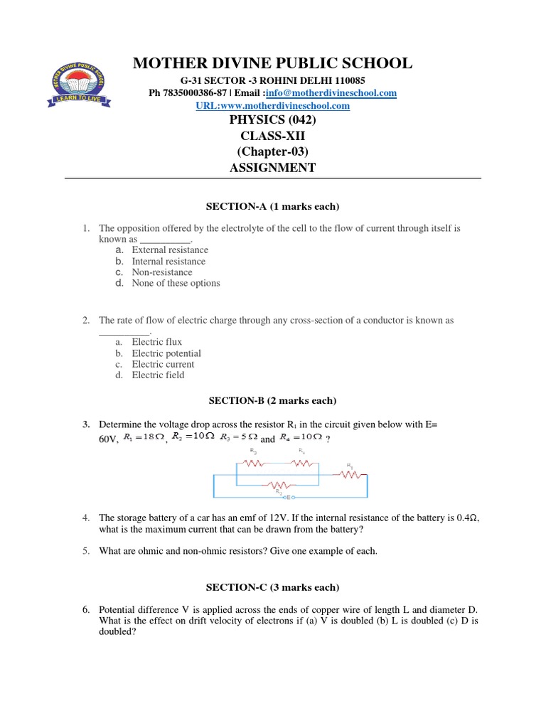 Class 12 Physics Assignment: Chapter 3 | PDF | Electrical Resistance ...