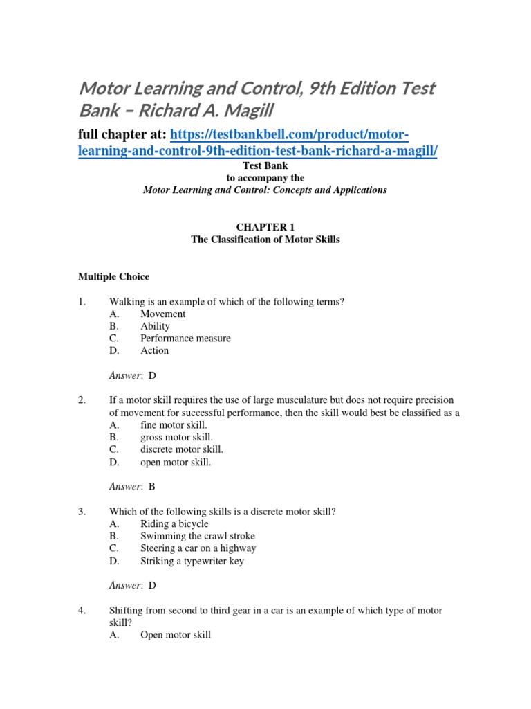 Motor Learning and Control 9th Edition Test Bank Richard A Magill PDF
