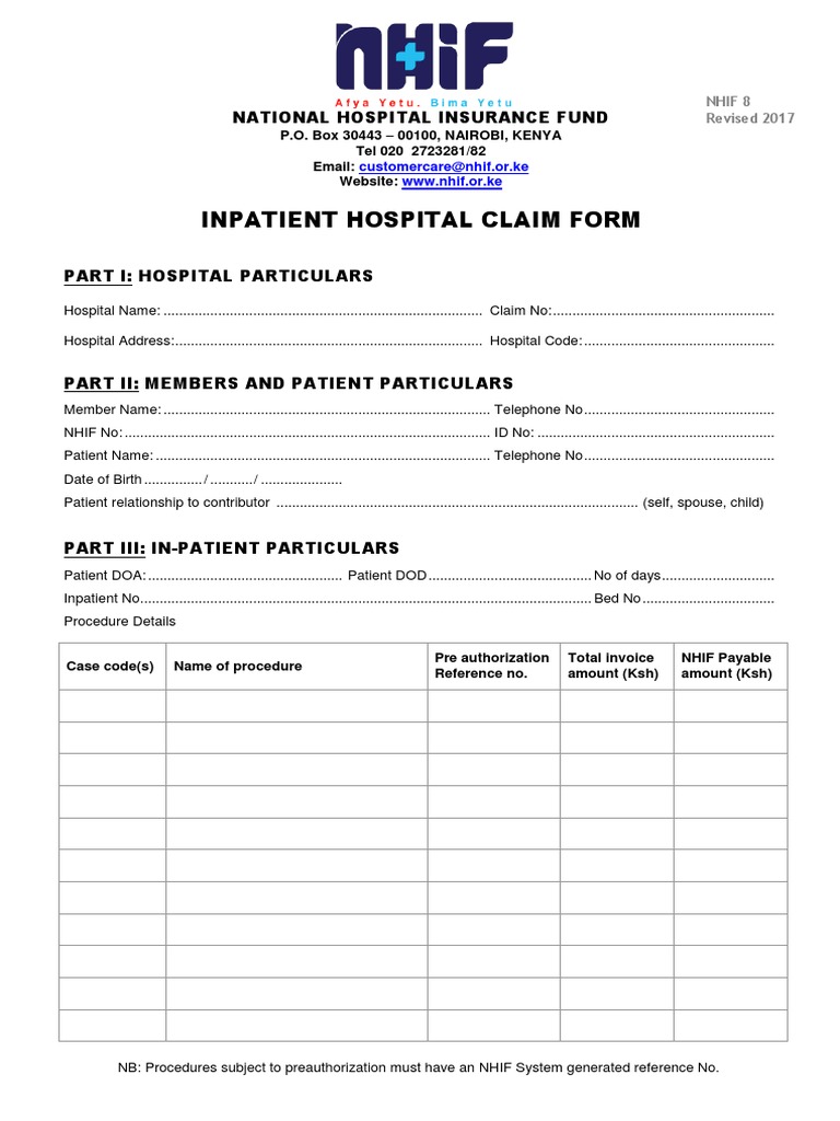 Nhif 8 inpatient hospital claim form pdf patient hospital