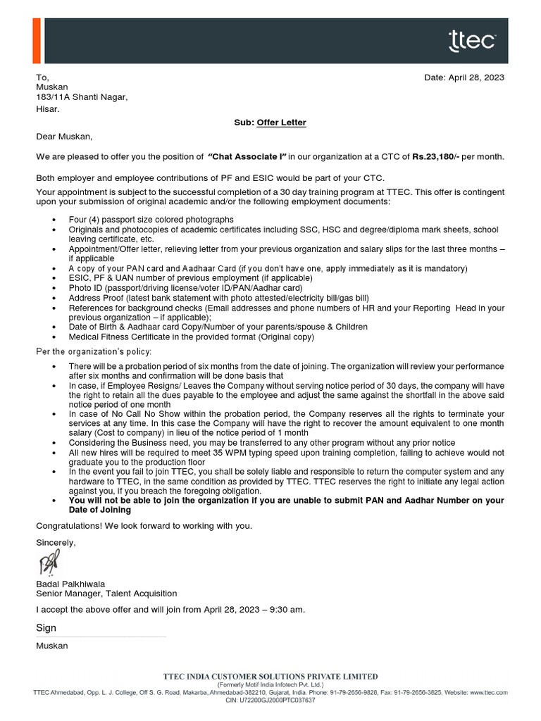 Muskan Offer Letter Ttec PDF Government