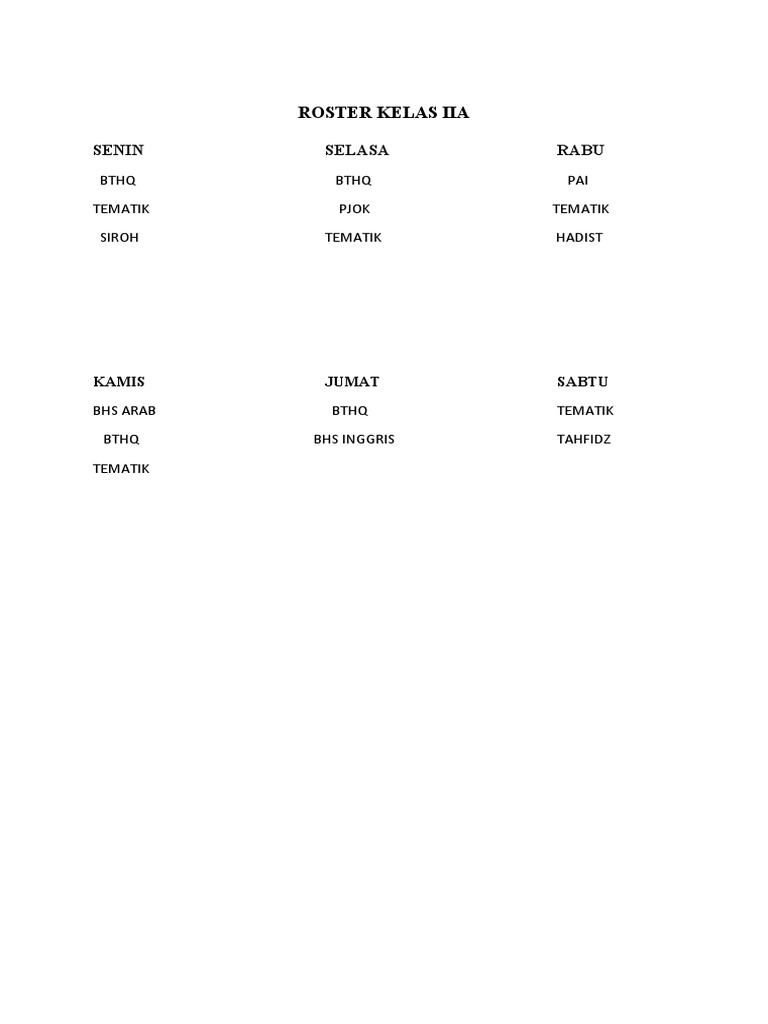 Roster Kelas IIA dan 6B Mingguan | PDF