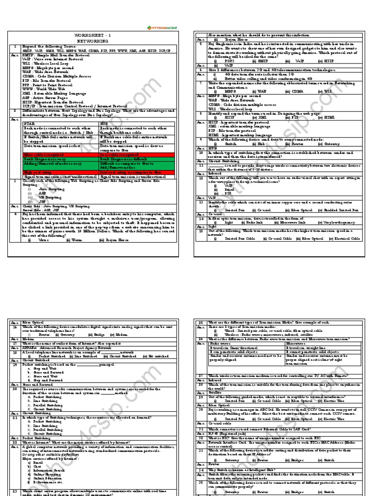 Solution Networking Worksheet PDF Computer Network Network Switch