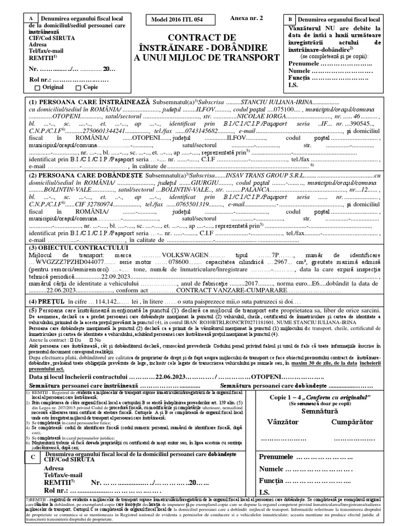 Contract de Instrainare-Dobandire A Unui Mijloc de Transport | PDF