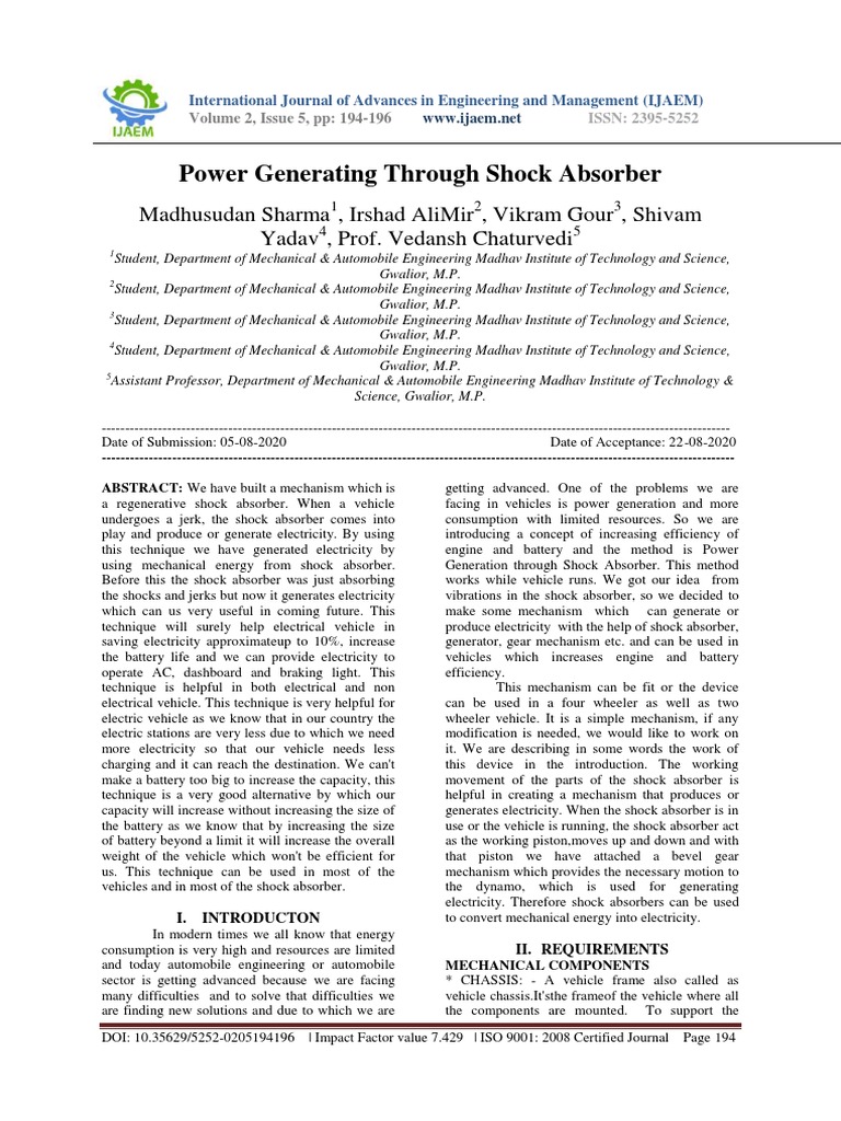Power Generating Through Shock Absorber PDF Electric Generator