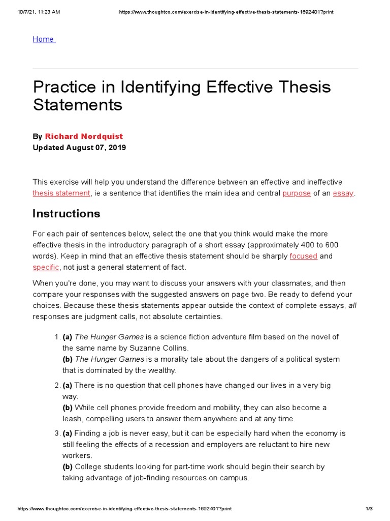 Exercise in Identifying Effective Thesis Statements 1692401 PDF Thesis Bean