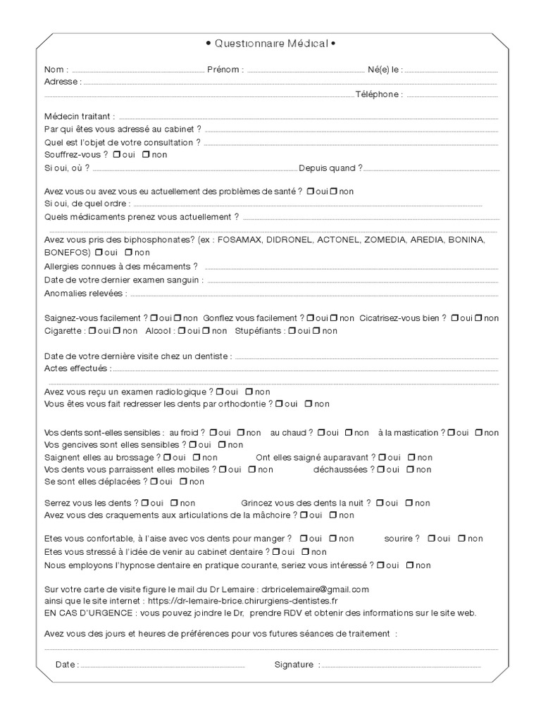 Questionnaire Médical | PDF | Dentiste | Sciences de la santé