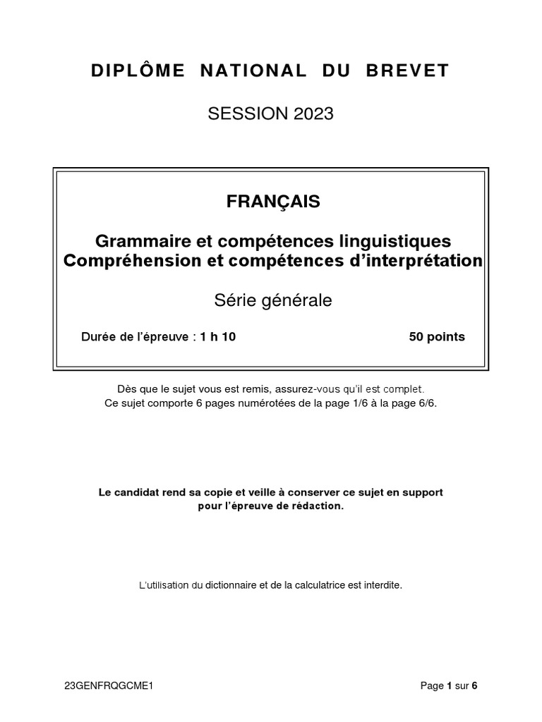 Corrige Sujet Francais Brevet 2023 Brevet Grammaire 2023 | PDF | Linguistique | Grammaire