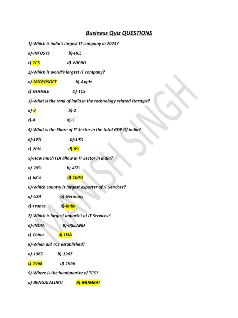 Business Quiz QUESTIONS PDF Economies Information Technology