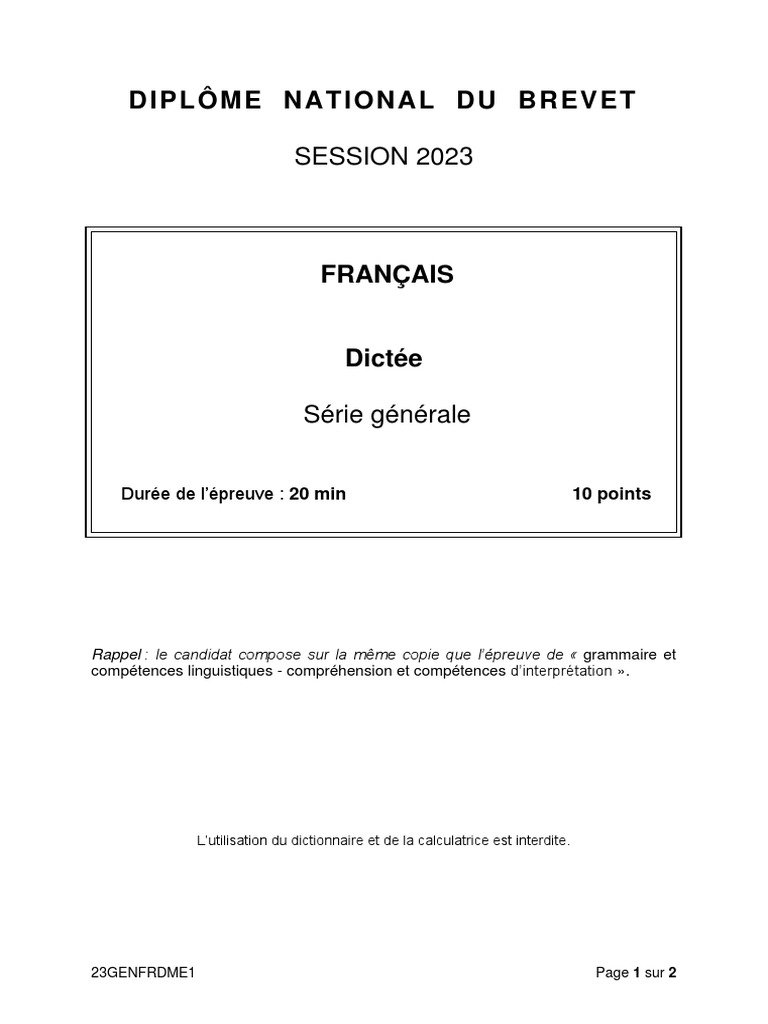 Corrige Sujet Francais Brevet 2023 Brevet 2023 Dictée | PDF