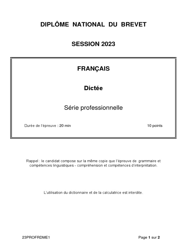Dictee Du Brevet Des Colleges 2023 Brevet 2023 Dictée Pro | PDF