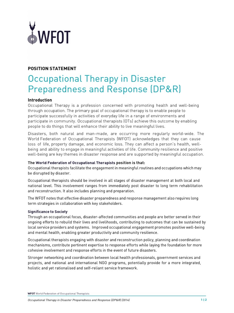 Occupational Therapy in Disaster Preparedness and Response DPR | PDF ...