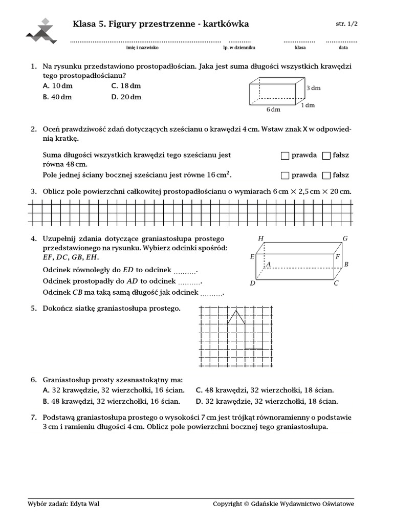 ćwiczenia Do Matematyki Klasa 7 Kartkowka_matematyka_kl._V_Figury_przestrzenne | PDF