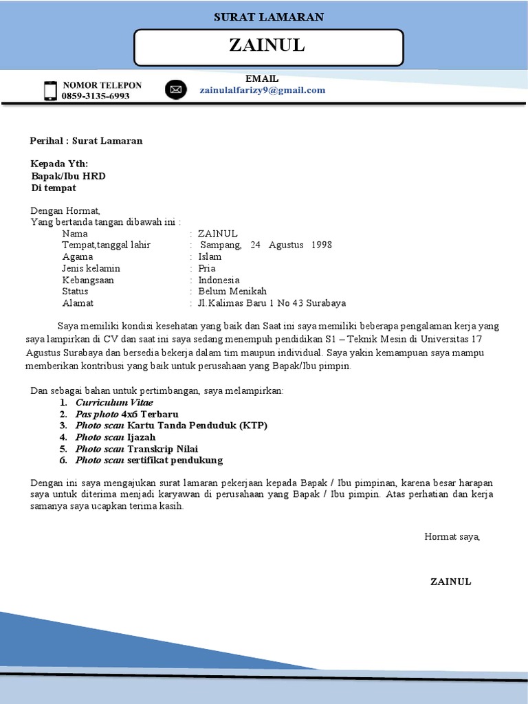 Surat Lamaran Kerja ZAINUL - Compressed | PDF