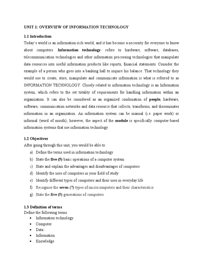 UNIT 1 Introduction To Information Technology | PDF | Information ...