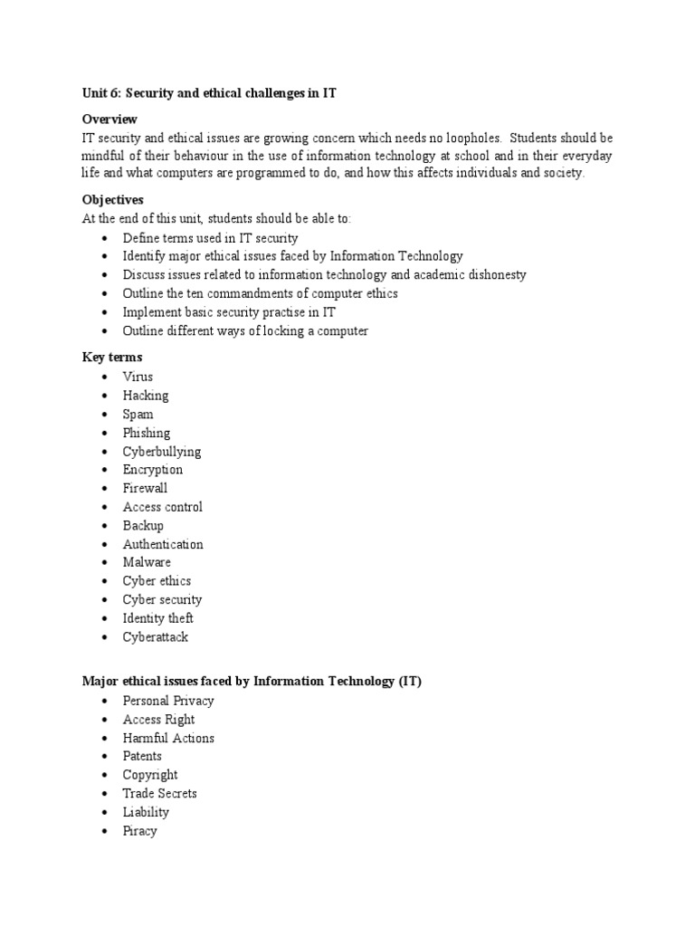 Unit 6 Security and Ethical Challenges in IT | PDF | Security ...