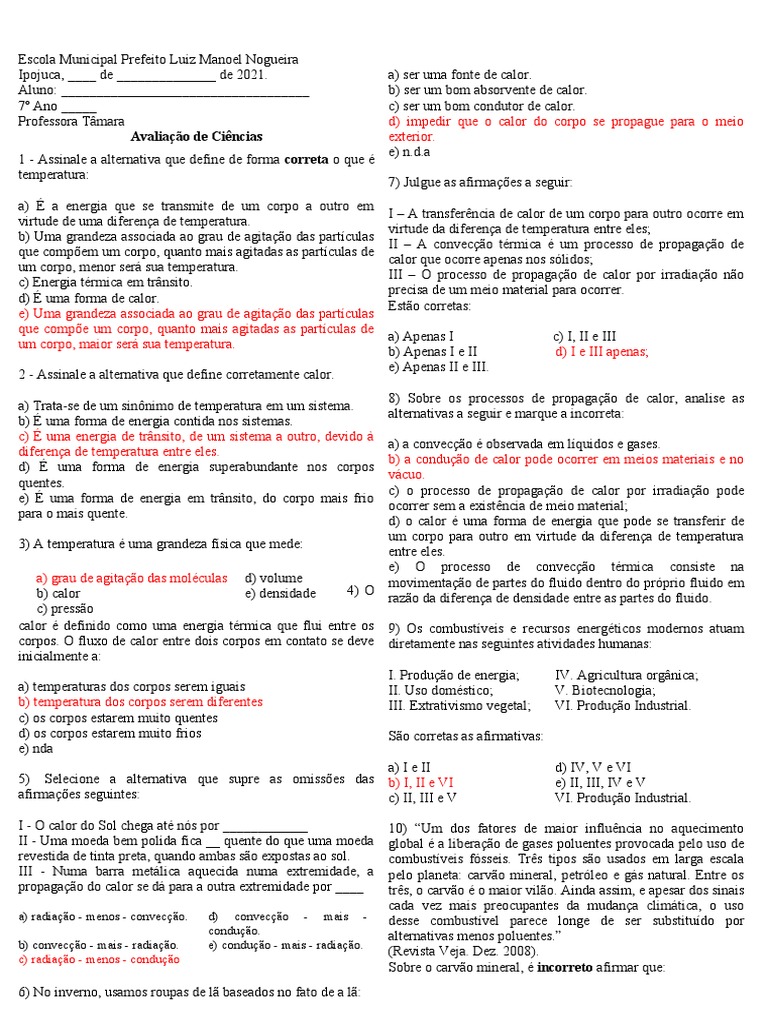Atividades de Ciências: Calor e Temperatura 7º Ano | PDF | Calor ...